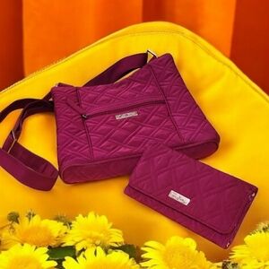 Vera Bradley WINE Quilted Hipster Crossbody bag AND Tri-Fold Wallet SET Microfib